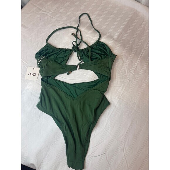 Envya Olive Front Tie 1 Piece Swimsuit Size Small RefN05 - Picture 7 of 7